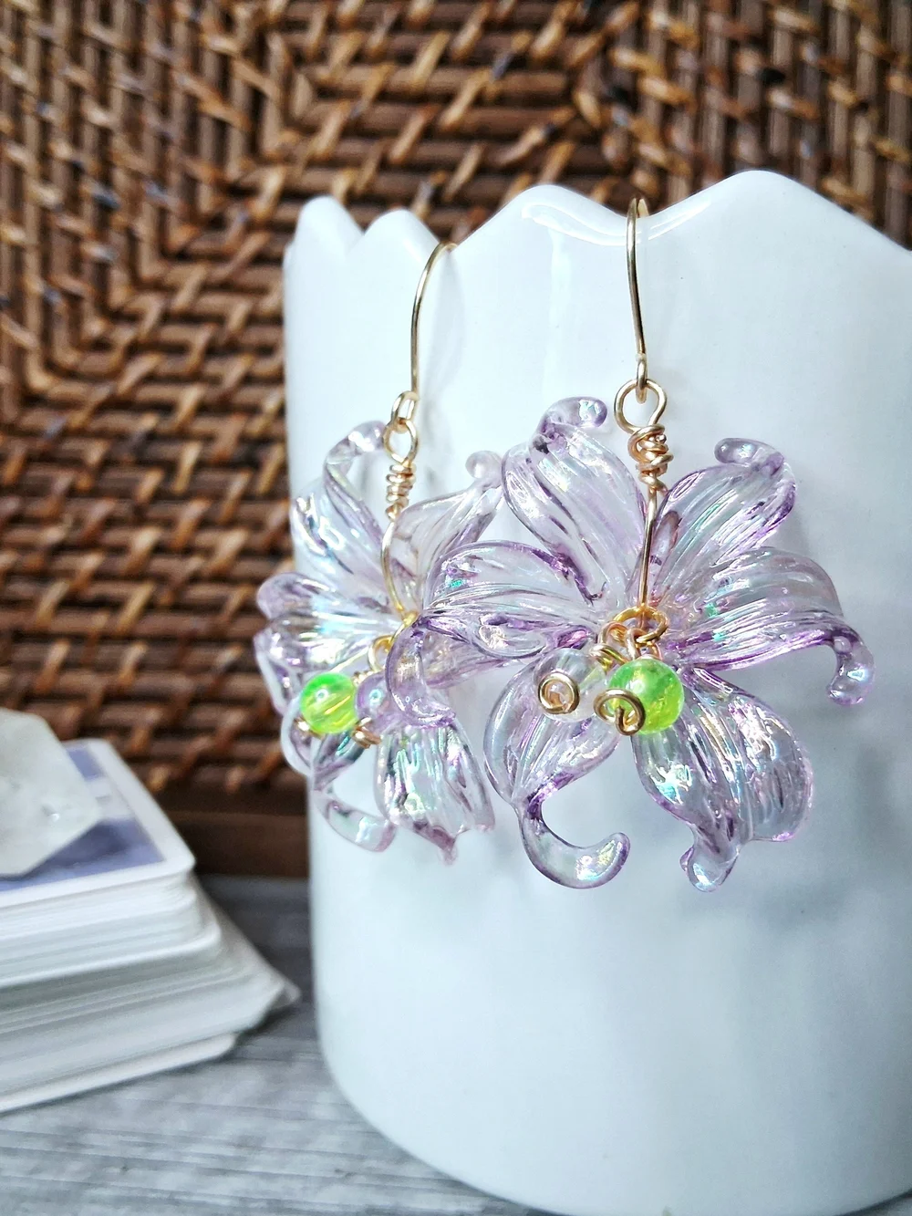 Iridescent Lavender Lily Flower Earrings with Gold Hooks
